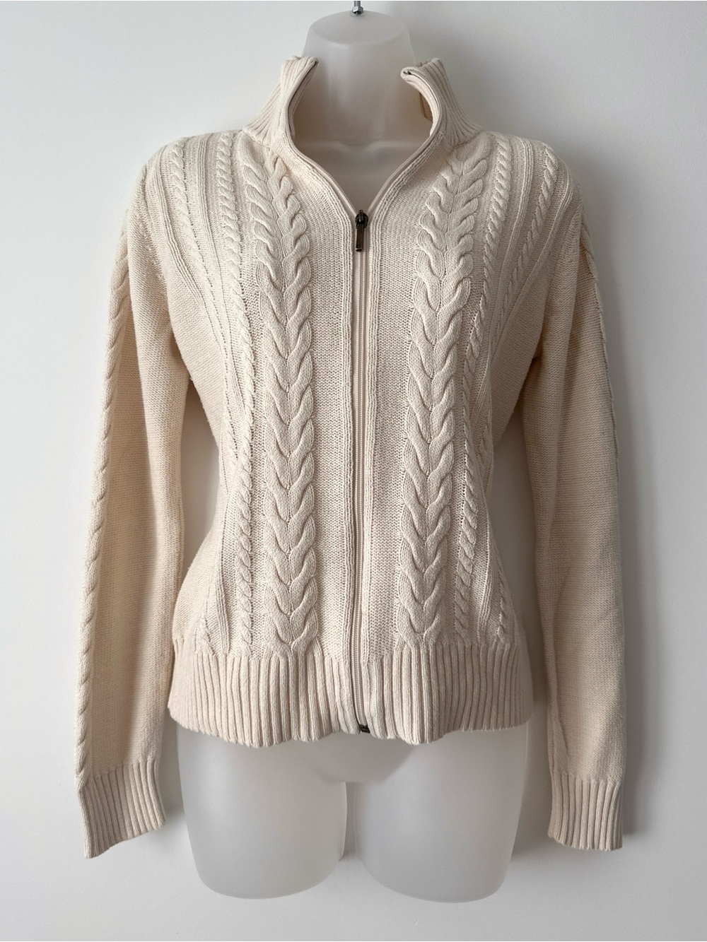 90s y2k cable knit cream zip sweater